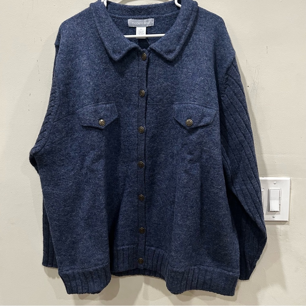 NWT Modernn Soul Blue Button-Up Cardigan. Metallic buttons wool streetwear XL